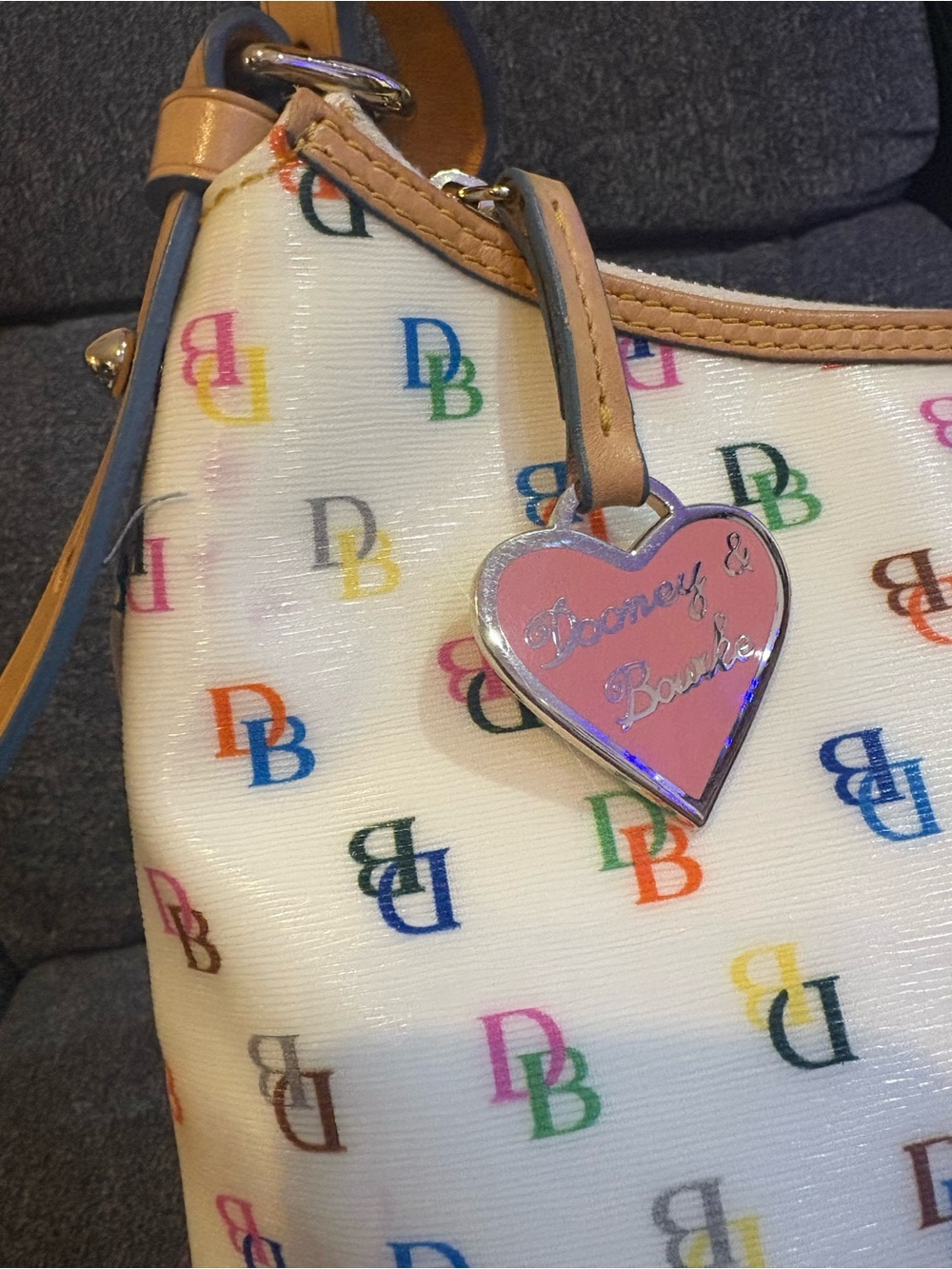 Dooney & Bourke White Multicolor DB Logo Shoulder Bag with Tan Trim - Picture 2 of 16